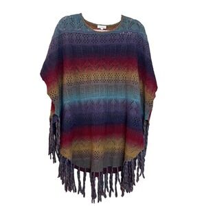 ADORE Crochet Knit Poncho Colorful Fringe Open Knit Cover Up Sweater XL‎